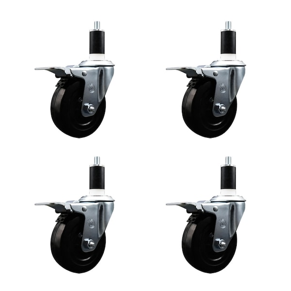 4'' SS Soft Rubber Swivel 1-3/8'' Expanding Stem Caster Set Total Lock Brake, 4PK
